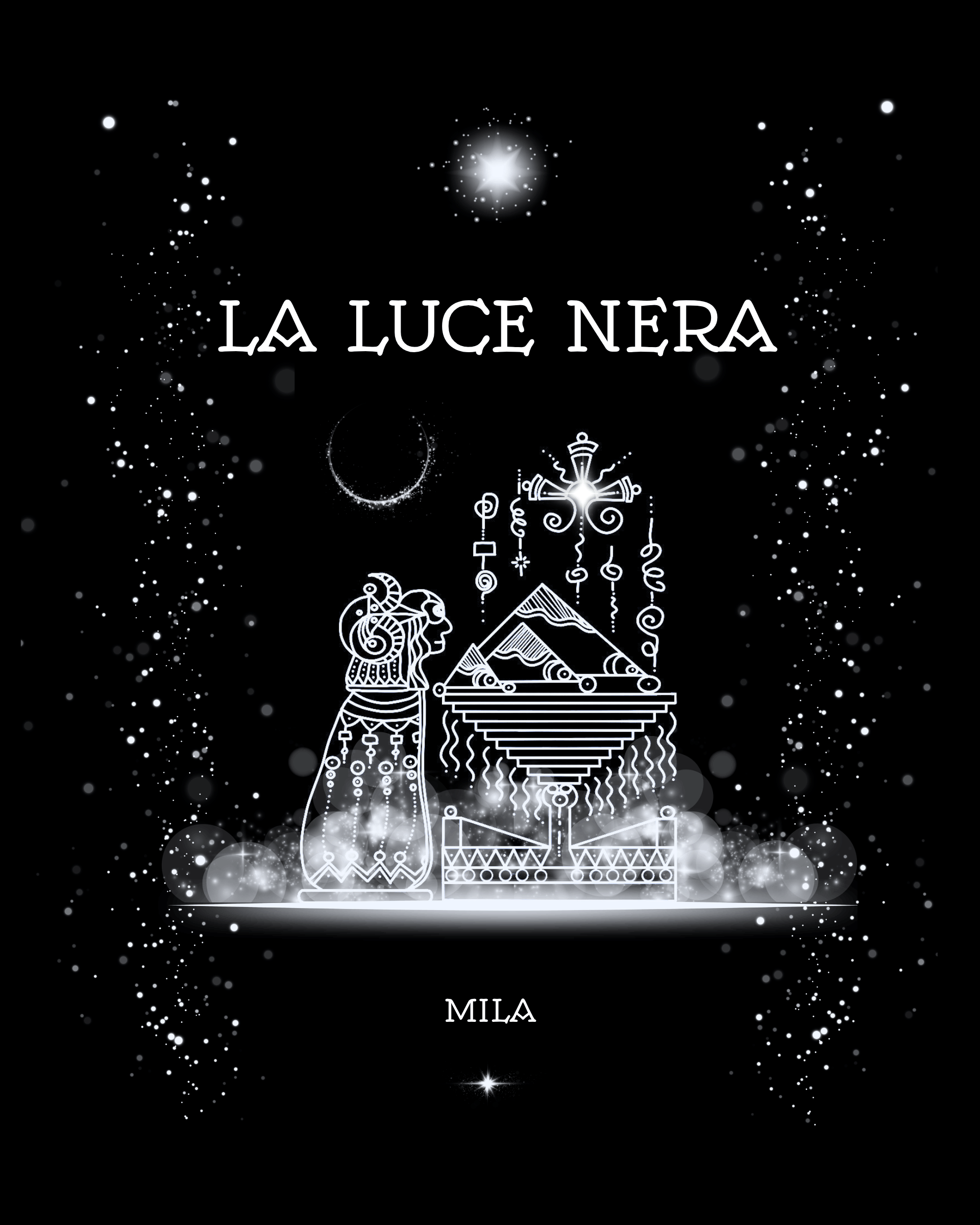 Illustrazione con figura, altare e luna crescente, copertina del libro La Luce Nera
