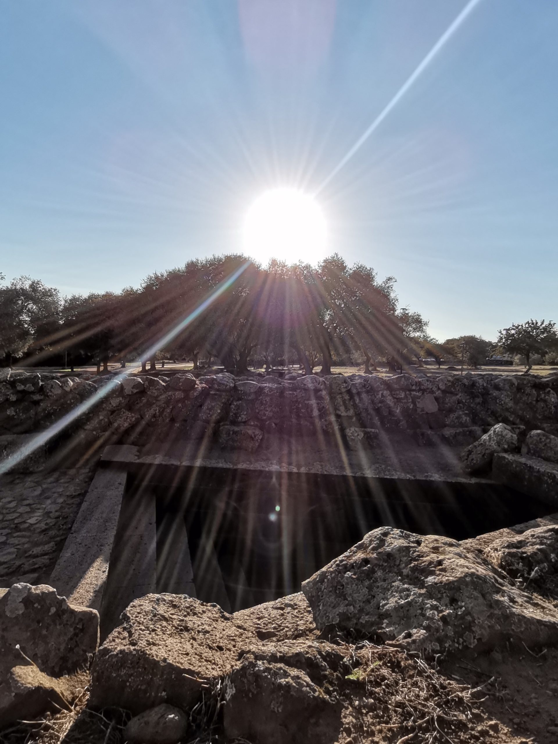 Ingresso in grotta pietra controluce, sole che filtra tra gli alberi sullo sfondo